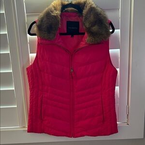 Talbots Vibrant Pink Vest with removable Faux Fur Trim